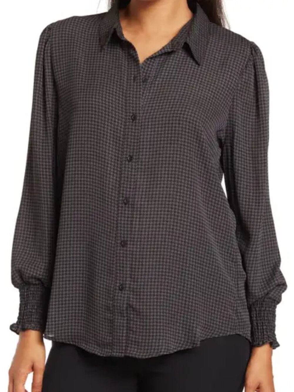 Ellen Tracy Black and Grey Houndstooth Button Down Blouse - XL - LIKE NEW